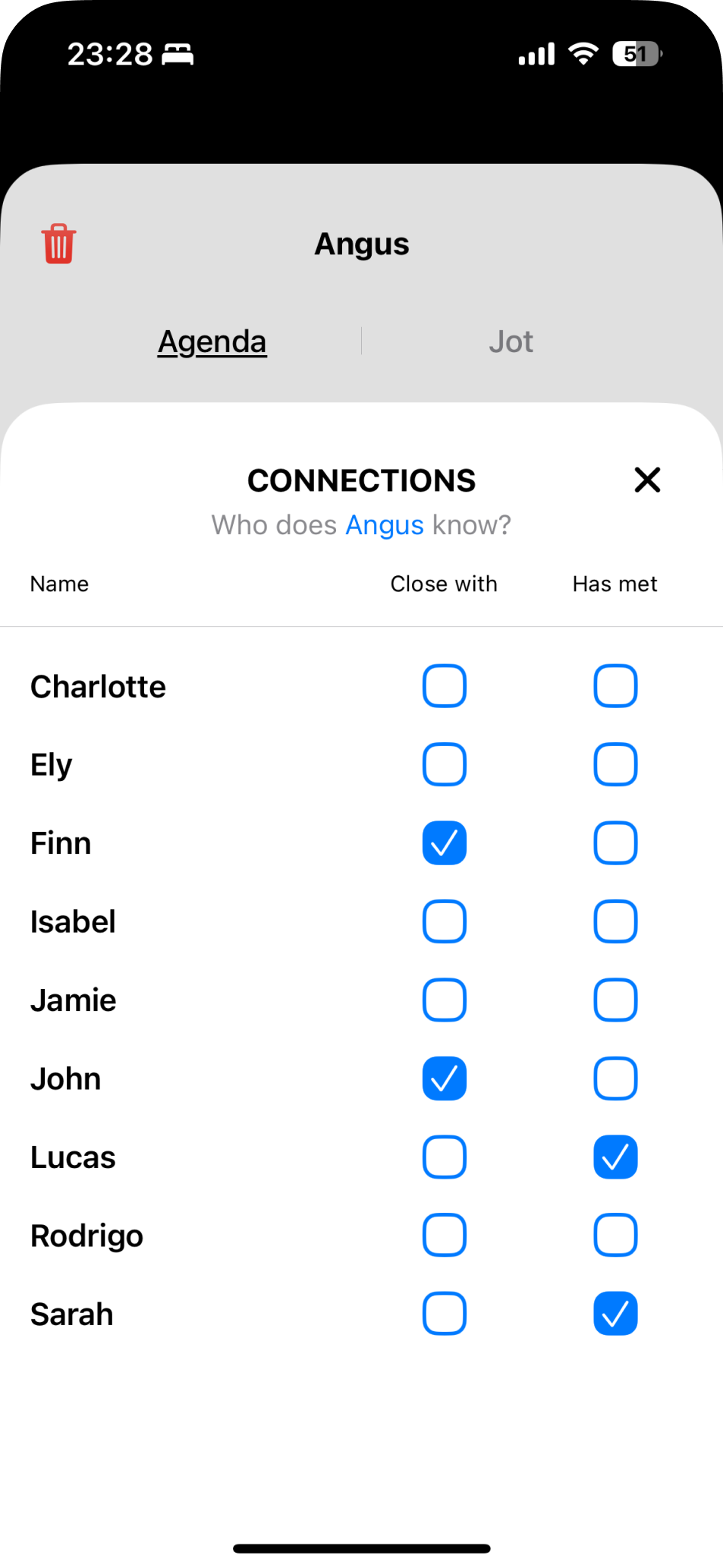 Input page for selecting connections
